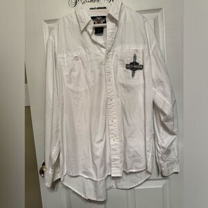 Harley Davidson Button Up Dress Shirt Size L Mens White Long Sleeve Embroidered